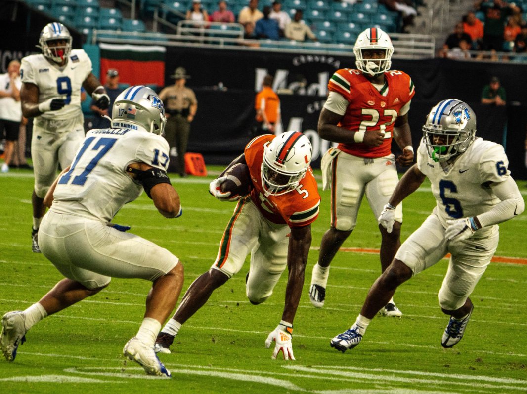 Miami receiver number 5 cutting through Middle Tennessee defenders