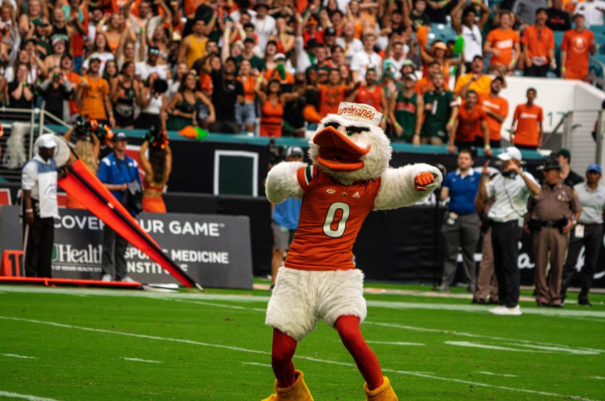 Sebastian the Ibis dancing on the field at Hard Rock Stadium