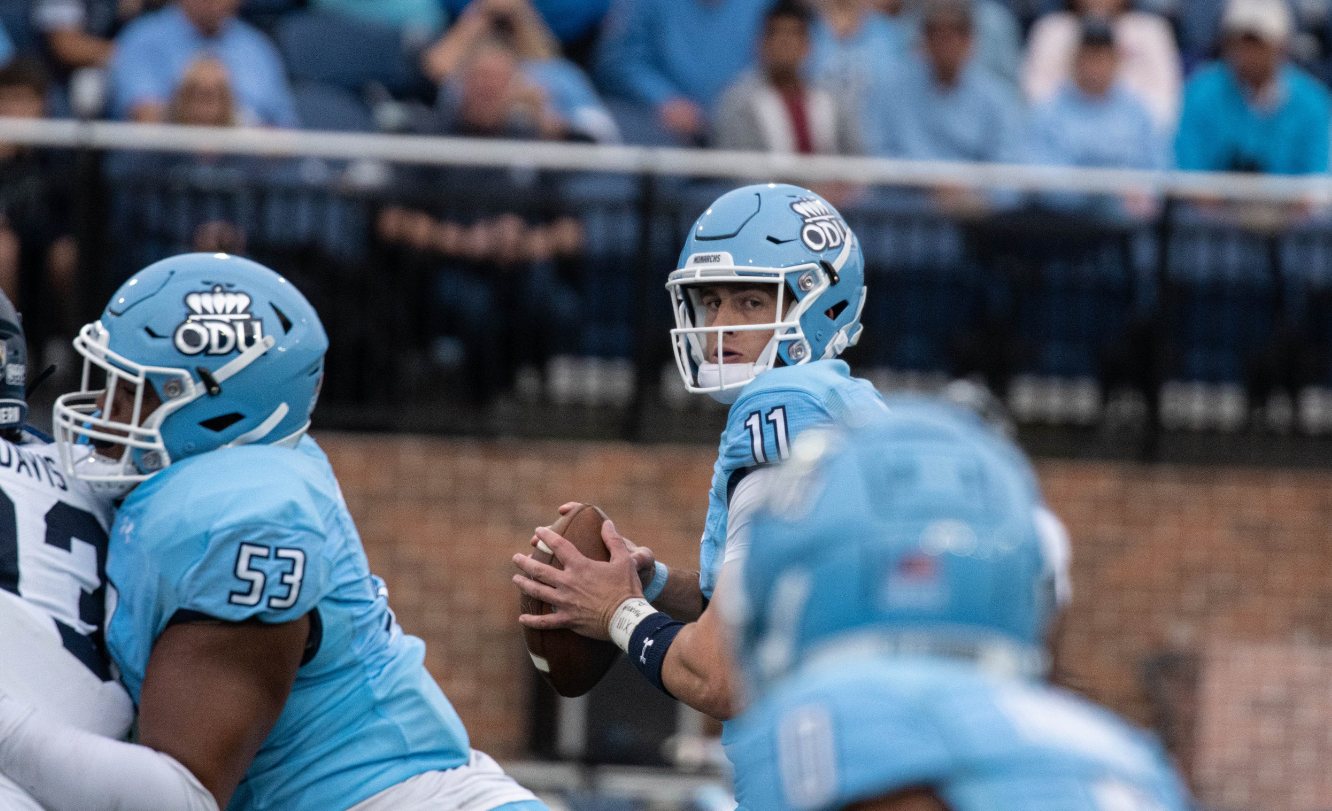 ODU Monarchs quarterback surveying the field from the pocket