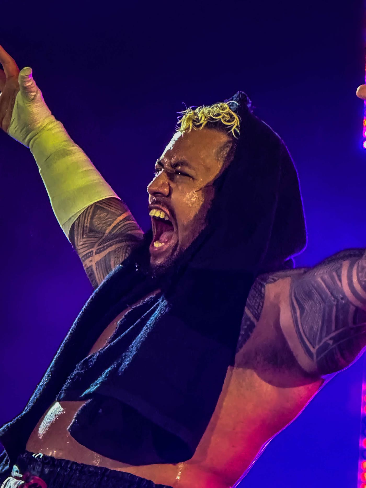 Wrestler in a black hooded vest roaring with one arm raised, gold headpiece and tattooed shoulder under blue stage light
